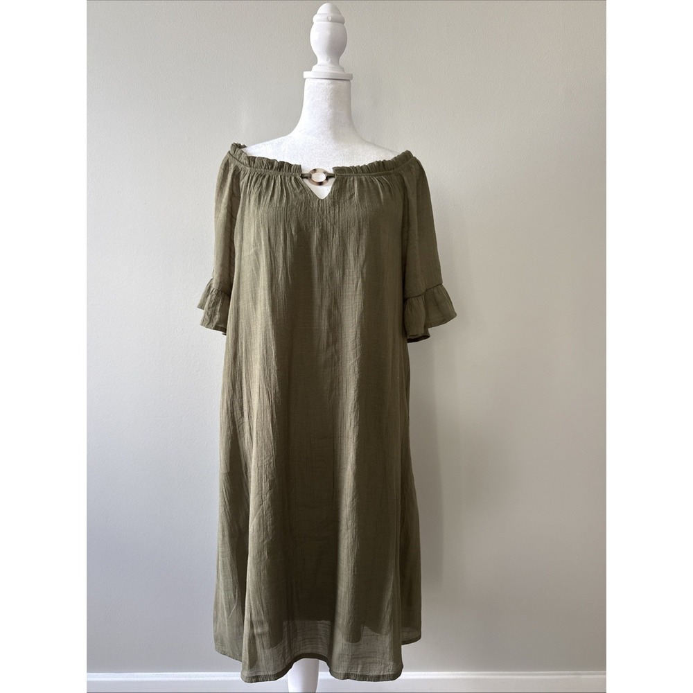 Naif Olive Green Off Shoulder Boho Dress Size M Cottagecore Peasant Comfy